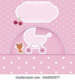 Baby Duschkarte. Vektorpolka-Punktehintergrund mit Babywagen und süßer Katze