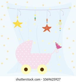 Baby shower greeting card. Vector stars  background with baby carriage and cute moon