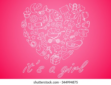Baby Shower greeting card. Vector illustration with hand drawn doodle baby elements 