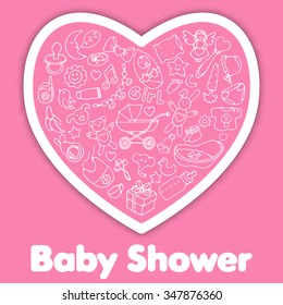 Baby Shower greeting card. Vector illustration with hand drawn doodle baby elements