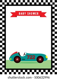 baby shower greeting card with vintage racing car graphic vector
