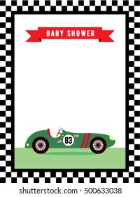 baby shower greeting card with vintage racing car graphic vector