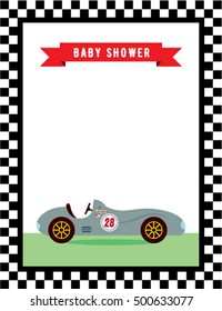 baby shower greeting card with vintage racing car graphic vector
