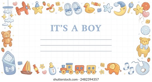 Baby shower greeting card, web banner, cover, flyer, party invitation design template with hand drawn cartoon toys, clothes and flowers. Vector illustration