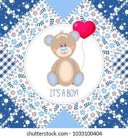 Baby Shower, greeting, celebration and invitation card. Cute vector cartoon Teddy Bear with red balloon heart on blue patchwork. Vector illustration.