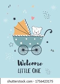 Baby shower greeting with  cute little bear in baby carriage