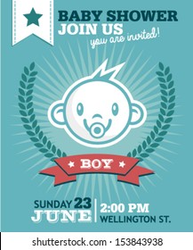 Baby shower greeting invitation card with baby boy face icon