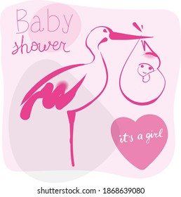 Baby shower greetings card. Stork with baby, vector illustration