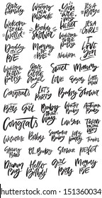 Baby shower hand drawn messages collection. Mother to be party black ink slogans. Child birth celebration stylized welcoming inscriptions. Happy event banner, poster, postcard calligraphy