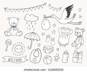 Baby shower hand drawn set. New baby items and icons. Cute doodle illustrations including teddy bear, baby clothes, bib, bottle, cloud, bunting banners, diaper, stork. svg