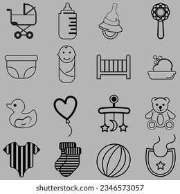 Baby shower hand drawn set. New baby items and icons. Cute doodle illustrations including teddy bear, baby clothes, bib, bottle, cloud, bunting banners, diaper, stork.