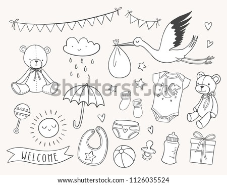 Baby shower hand drawn set. New baby items and icons. Cute doodle illustrations including teddy bear, baby clothes, bib, bottle, cloud, bunting banners, diaper, stork.