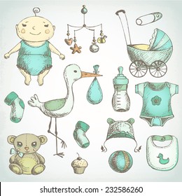Baby shower. Hand drawn sketches.