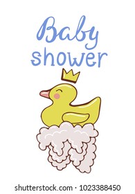 Baby shower. Hand drawn vector illustration with duck toy. Cartoon poster, kids theme.