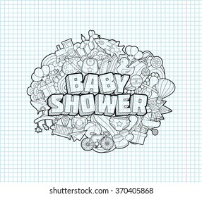 Baby Shower - Hand Lettering and Doodles Elements Sketch on Exercise book  page in square Background.
Vector illustration