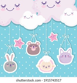 Baby shower hanging cute animals faces clouds stars cartoon vector illustration