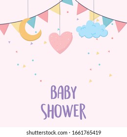 baby shower hanging heart cloud moon bunting flags card cartoon decoration vector illustration