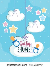 Baby Shower, Hanging Stars And Clouds Pacifier Invitation Card Vector Illustration