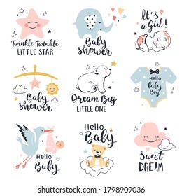 Baby shower, happy birthday greeting and invitation cards. Nursery poster, kids t-shirt print with little bear, elephant and twinkle star. Vector illustration