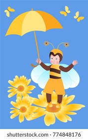Baby shower or Happy birthday greeting card with little boy in a bee costume on big marigold flower. Vector summer design.