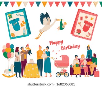 Baby shower, happy family with newborn child, vector illustration. People, parents and friends celebrating baby birthday, greeting cards for boy and girl. Stork carrying newborn infant to happy family