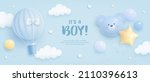Baby shower horizontal banner with cartoon hot air balloon, helium balloons and clouds on blue background. It