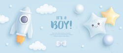 Baby Shower Horizontal Banner With Cartoon Rocket And Helium Balloons On Blue Background. It's A Boy. Vector Illustration.eps