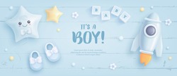 Baby Shower Horizontal Banner With Cartoon Rocket, Shoes, Helium Balloons And Flowers On Blue Wooden Background. It's A Boy. Vector Illustration