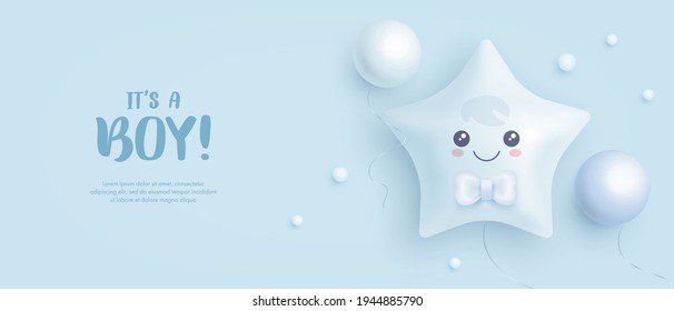 Baby shower horizontal banner with cartoon helium balloons on blue background. It's a boy. Vector illustration