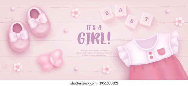 Baby shower horizontal banner with cartoon shoes, dress and toys on pink background. It's a girl. Vector illustration