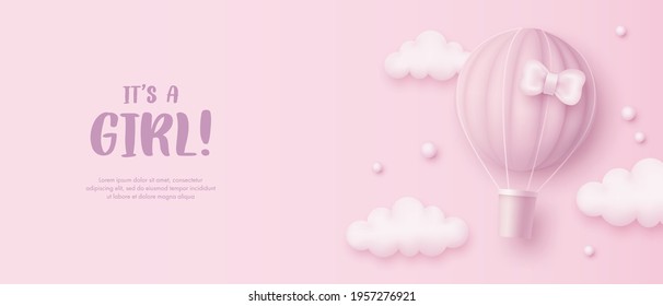 Baby shower horizontal banner with cartoon hot air balloon and clouds on pink background. It's a girl. Vector illustration
