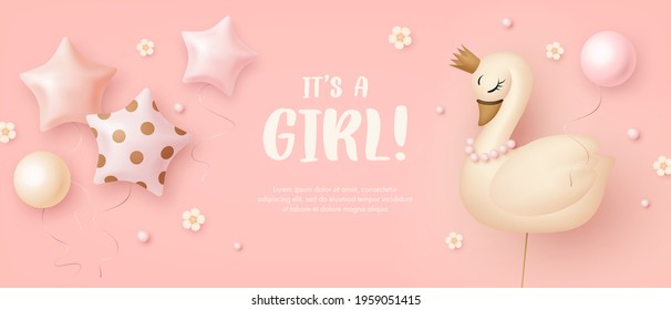 Baby shower horizontal banner with cartoon swan and helium balloons on pink background. It's a girl. Vector illustration