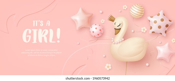 Baby shower horizontal banner with cartoon swan, helium balloons and flowers on pink background. It's a girl. Vector illustration