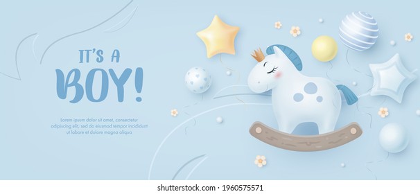 Baby shower horizontal banner with cartoon horse, helium balloons and flowers on blue background. It's a boy. Vector illustration