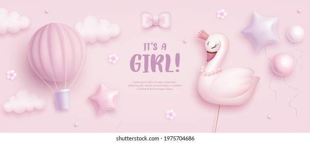 Baby shower horizontal banner with cartoon swan, hot air balloon, helium balloons and flowers on pink background. It's a girl. Vector illustration