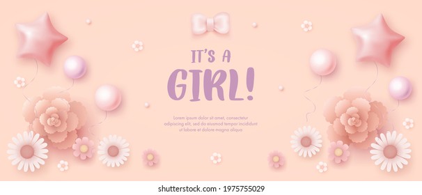 Baby Shower Horizontal Banner With Cartoon Helium Balloons And Flowers On Pink Background. It's A Girl. Vector Illustration