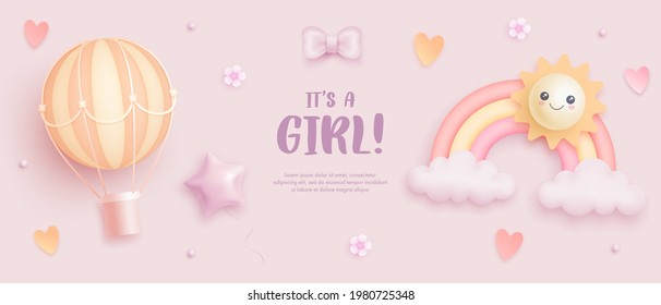 Baby shower horizontal banner with cartoon rainbow, sun, hot air balloon, hearts and flowers on pink background. It's a girl. Vector illustration