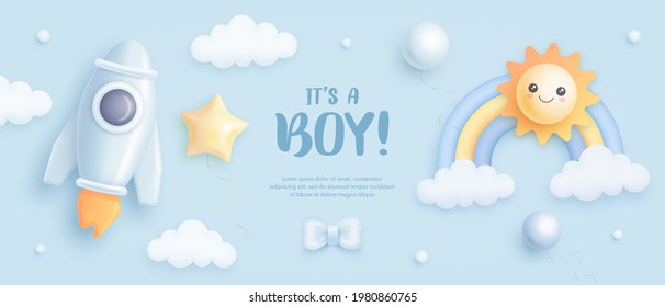 Baby shower horizontal banner with cartoon rocket, rainbow, sun, helium balloons and clouds on blue background. It's a boy. Vector illustration