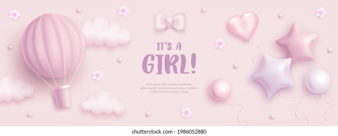 Baby shower horizontal banner with cartoon hot air balloon, helium balloons and flowers on pink background. It's a girl. Vector illustration