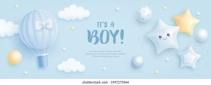 Baby shower horizontal banner with cartoon hot air balloon, helium balloons and clouds on blue background. It's a boy. Vector illustration