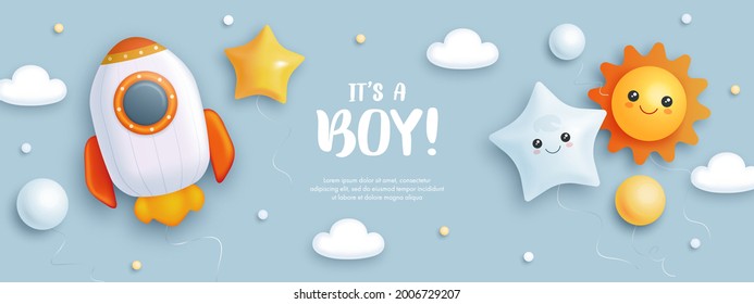 Baby shower horizontal banner with cartoon rocket, sun and helium balloons on blue background. It's a boy. Vector illustration