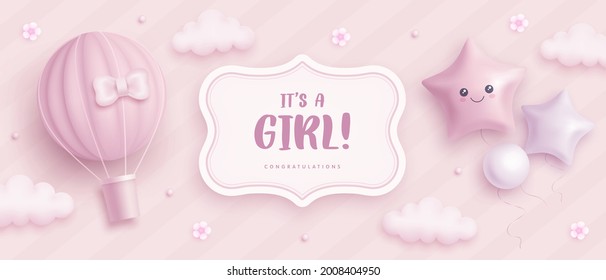 Baby shower horizontal banner with cartoon hot air balloon, helium balloons and flowers on pink background. It's a girl. Vector illustration