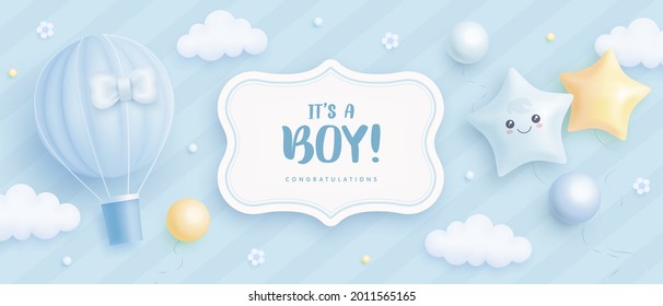 Baby shower horizontal banner with cartoon hot air balloon, helium balloons and flowers on blue background. It's a boy. Vector illustration - Shutterstock ID 2011565165