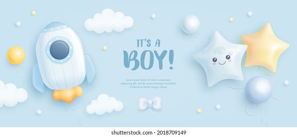 Baby shower horizontal banner with cartoon rocket and helium balloons on blue background. It's a boy. Vector illustration