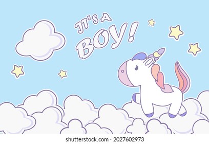 Baby shower horizontal banner with cartoon unicorn, clouds on blue background. It's a boy. Vector illustration