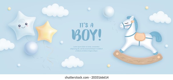 Baby shower horizontal banner with cartoon horse and helium balloons on blue background. It's a boy. Vector illustration