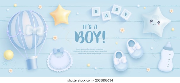 Baby shower horizontal banner with cartoon hot air balloon, baby shoes, helium balloons and flowers on blue wooden background. It's a boy. Vector illustration