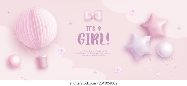 Baby shower horizontal banner with cartoon hot air balloon, helium balloons and flowers on pink background. It's a girl. Vector illustration