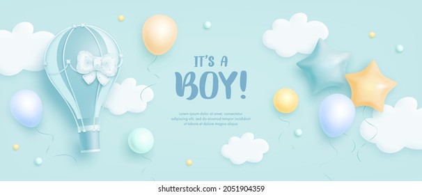 Baby shower horizontal banner with cartoon hot air balloon, helium balloons and clouds on blue background. It's a boy. Vector illustration