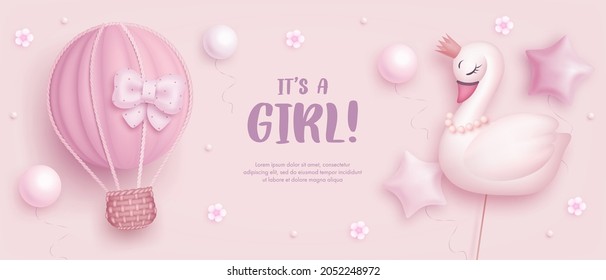 Baby shower horizontal banner with cartoon hot air balloon, swan, helium balloons and flowers on pink background. It's a girl. Vector illustration